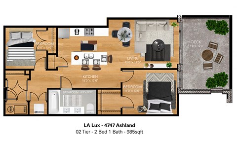 Floor plan for 2 beds, 1 bath, 985 sqft